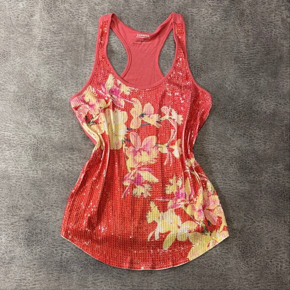 Express Tops - Express Coral Floral Sequin Tank Top